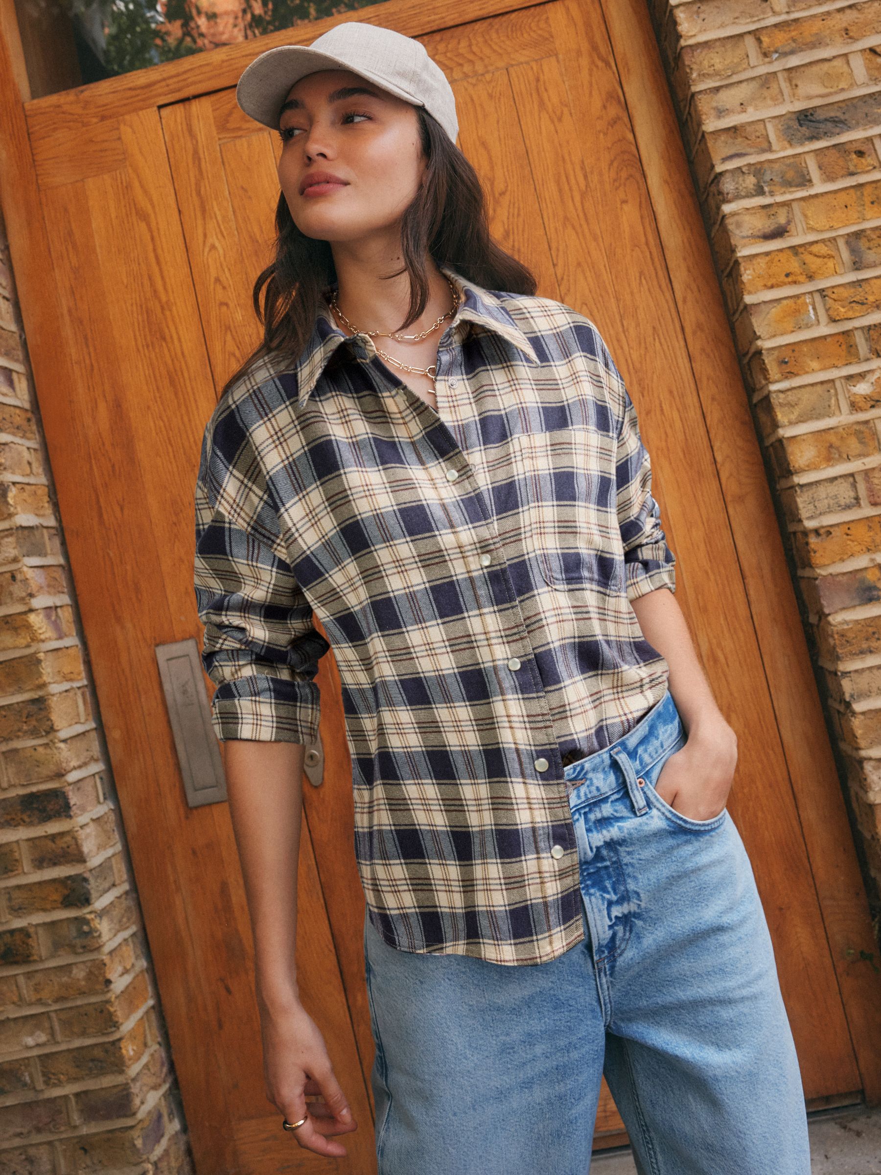 Neutral/navy Check Long Sleeve Shirt