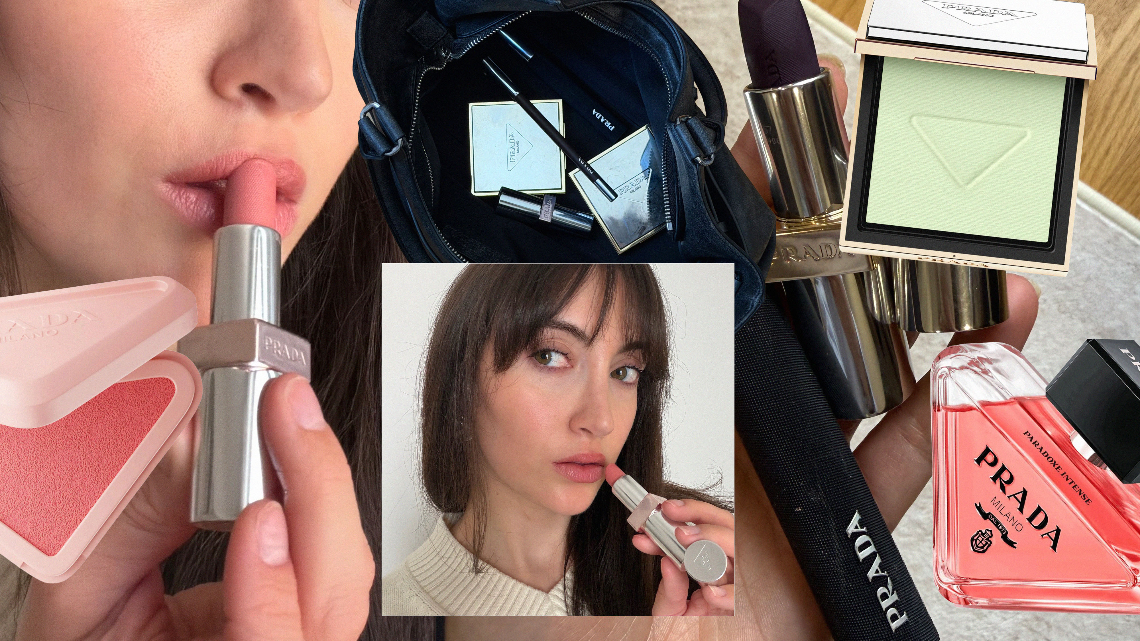 A collage of images shot by WWW associate beauty editor Alyssa Brascia and senior beauty editor Jamie Schneider both wearing and holding Prada Beauty products, overlaid by Prada Beauty product shots.