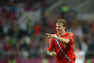 Roman Pavlyuchenko celebrates after scoring for Russia against Czech Republic at Euro 2012.