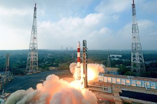 A Polar Satellite Launch Vehicle launches the Cartosat-2F Earth observing satellite and 30 other smaller payloads into orbit from the Satish Dhawan Space Centre in Sriharikota for the Indian Space Research Organisation. Liftoff occurred on Jan. 12, 2018 local time.
