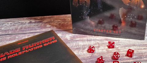 Blade Runner RPG Starter Set box and rulebook with dice on a wooden surface