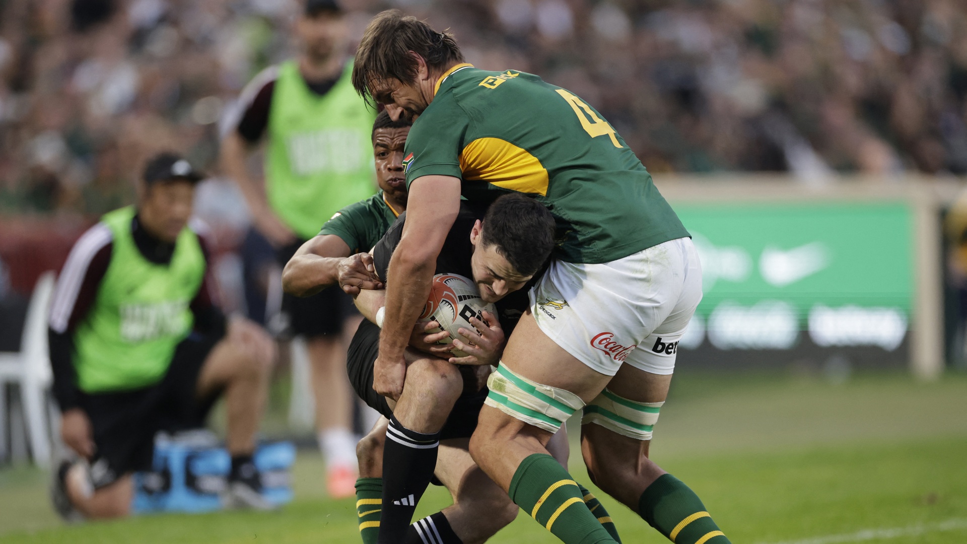 Eben Etzebeth tackling Will Jordan during a Rugby's Greatest Rivalry 2026 match between South Africa and New Zealand