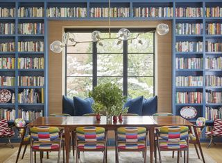 home library with repeated patterns on the chairs