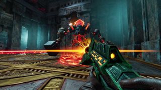 The player fires a plasma rifle in first-person view at a hulking robotic enemy in an industrial setting