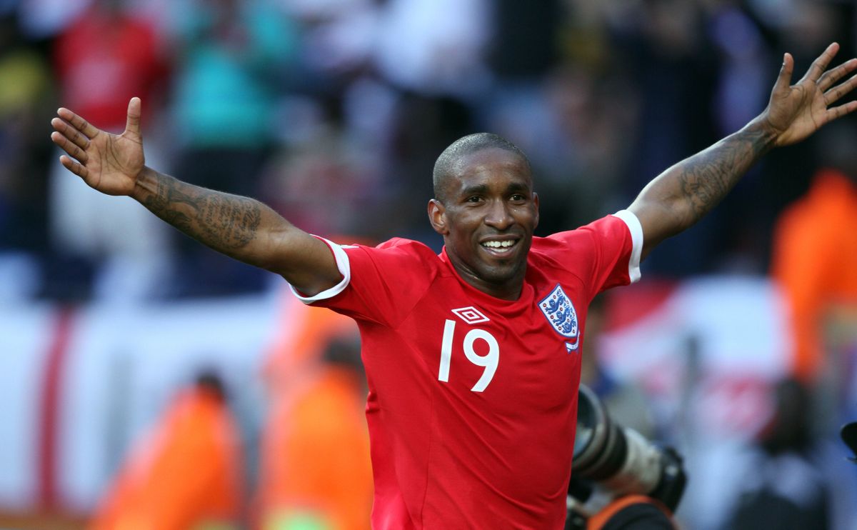 Jermain Defoe celebrates after scoring for England against Slovenia at the 2010 World Cup
