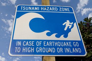 A tsunami warning sign at the beach.