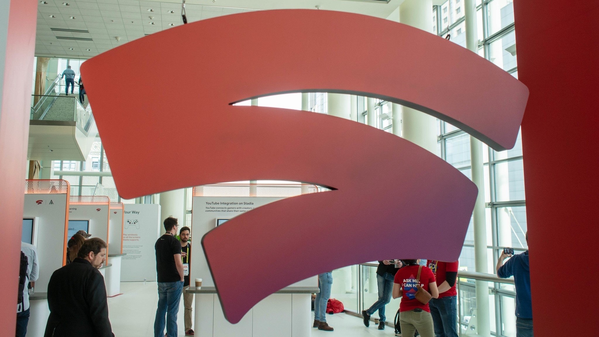 A giant Stadia swish logo at the original launch event