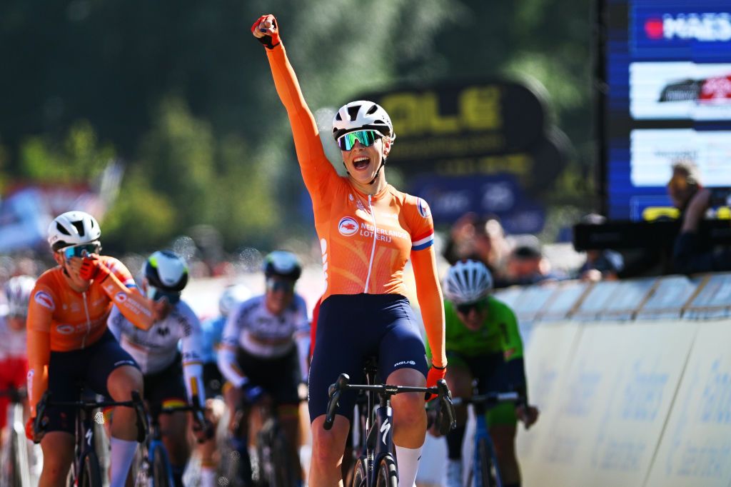 HASSELT BELGIUM SEPTEMBER 13 Sofie Van Rooijen of Team Netherlands celebrates at finish line as gold medal winner during the 30th UEC Road Cycling European Championships 2024 Womens U23 Road Race a 1014km one day race from HeusdenZolder to Hasselt UCIWWT on September 13 2024 in Hasselt Belgium Photo by Luc ClaessenGetty Images