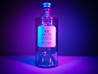Hasselblad 907X & CFV 100C sample image of an alcohol bottle lit with pink and blue lighting