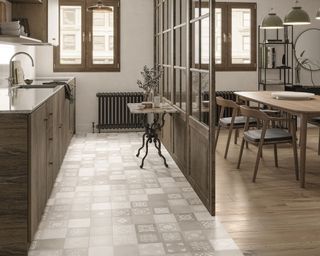 Mixed porcelain tiles in different motifs in a kitchen with wood cabinets and beige worktop in an open plan kitchen - Porcelain Superstore Melange Almond