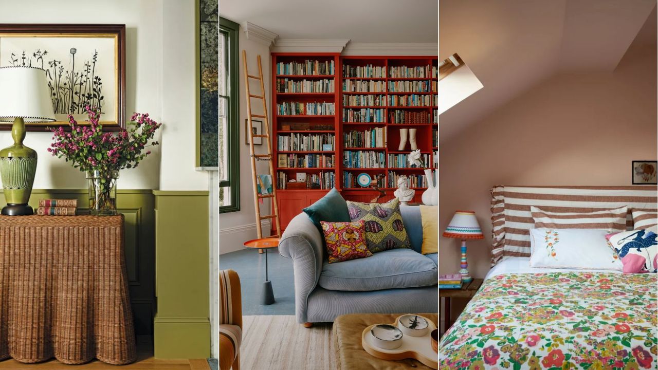 green lower wall in living room. red shelves in living room. pink bedroom