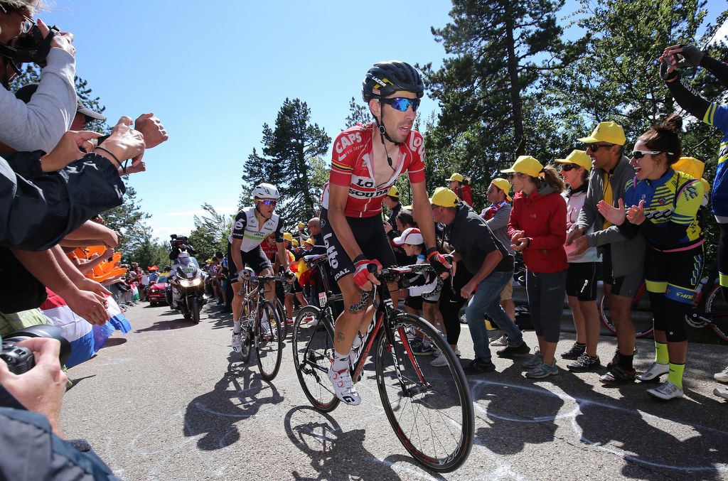 Thomas De Gendt (Lotto Soudal)and Serge Pauwels (Dimension Data) riding up Mont Ventoux through the large crowds
