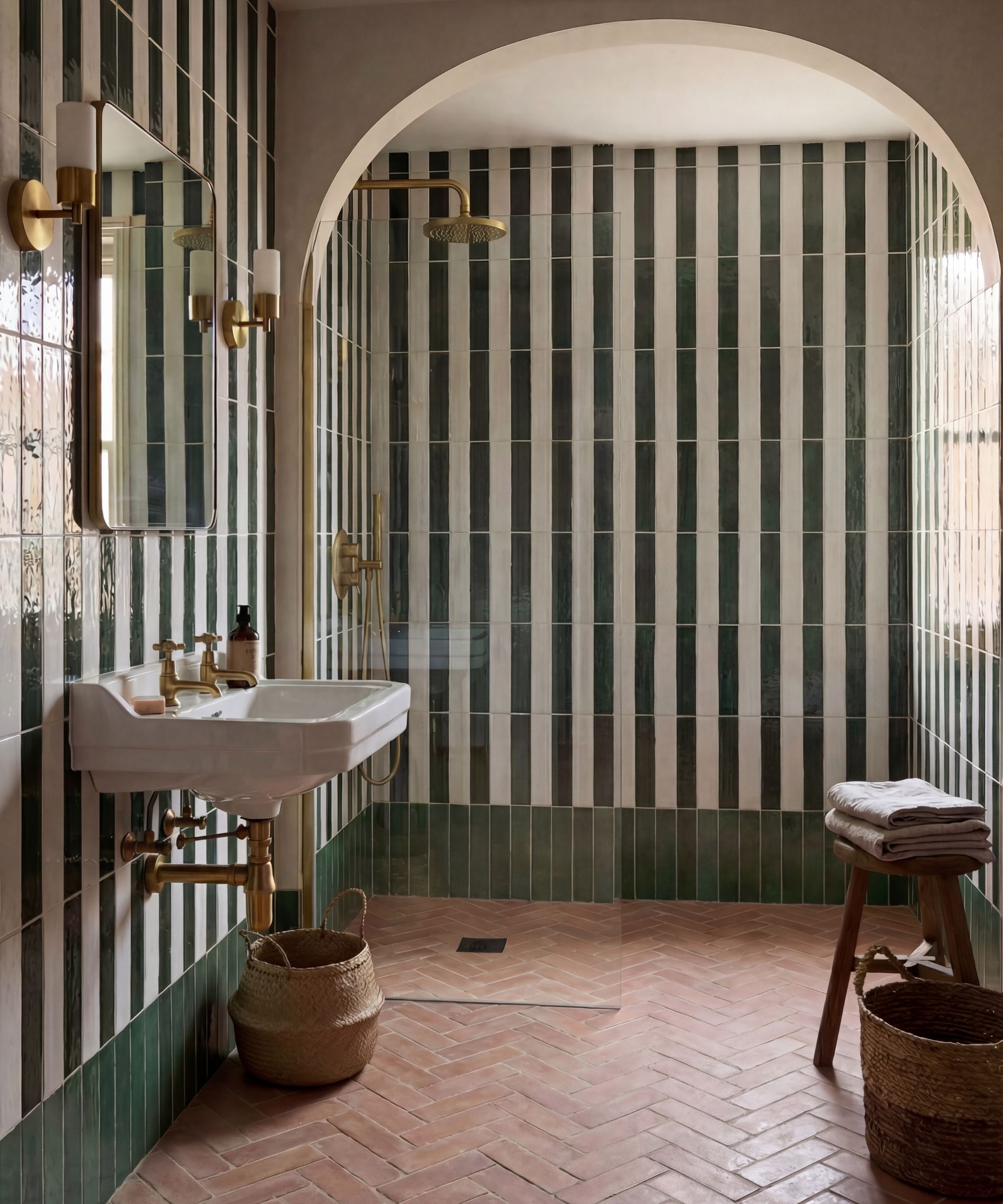 A large bathroom with green and white stripe tiles on the walls and terracotta brick tiles on the floor