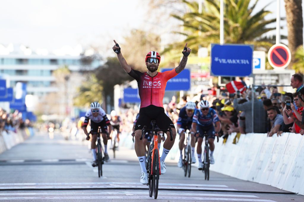 LAGOS PORTUGAL FEBRUARY 19 Filippo Ganna of Italy and Team INEOS Grenadiers celebrates at finish line as stage winner during the 51st Volta ao Algarve em Bicicleta Stage 1 a 1922km stage from Portimao to Lagos on February 19 2025 in Lagos Portugal Photo by Tim de WaeleGetty Images
