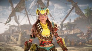 Aloy with yellow armour infront of pirate ship in Horizon Forbidden West