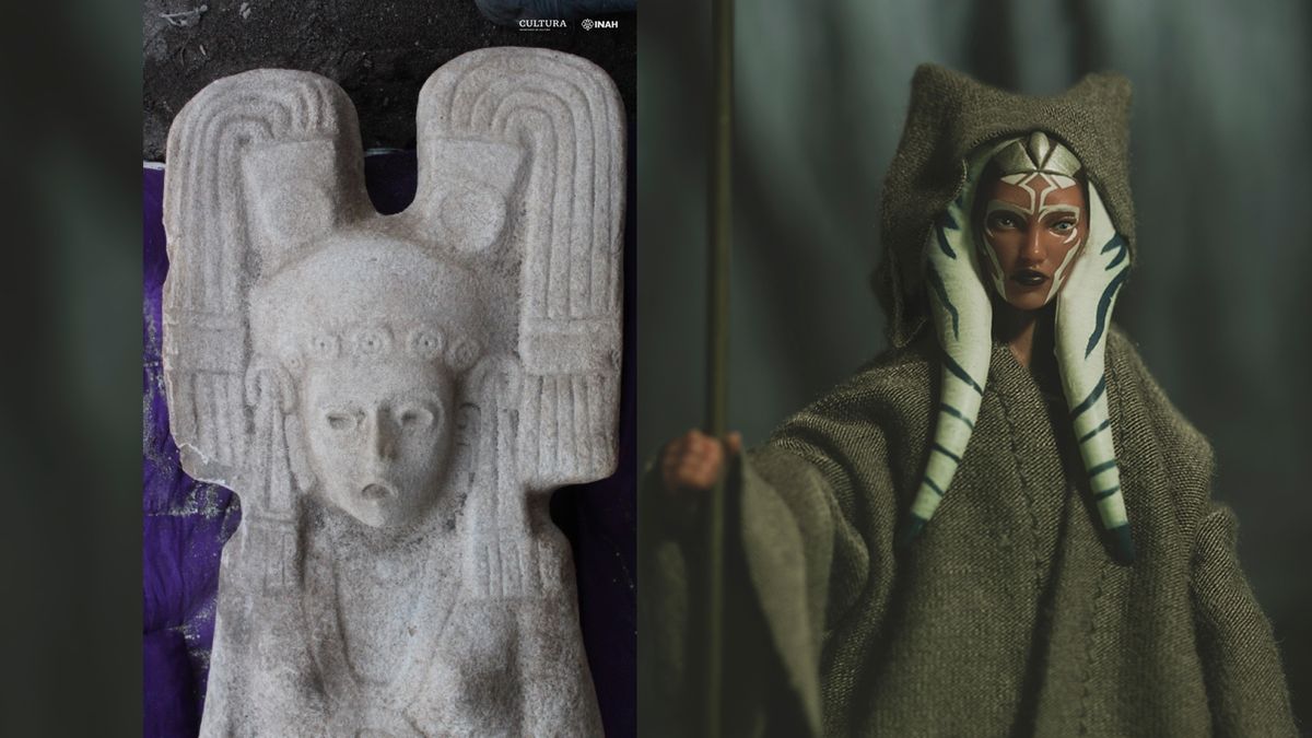 Farmers found the 500-year-old statue of mysterious woman (left), who has a headdress that looks like the head ornamentation of &quot;Star Wars&quot; former Jedi apprentice Ahsoka Tano (right), whose Hasbro action figure is shown here.