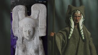 Farmers found the 500-year-old statue of mysterious woman (left), who has a headdress that looks like the head ornamentation of "Star Wars" former Jedi apprentice Ahsoka Tano (right), whose Hasbro action figure is shown here.