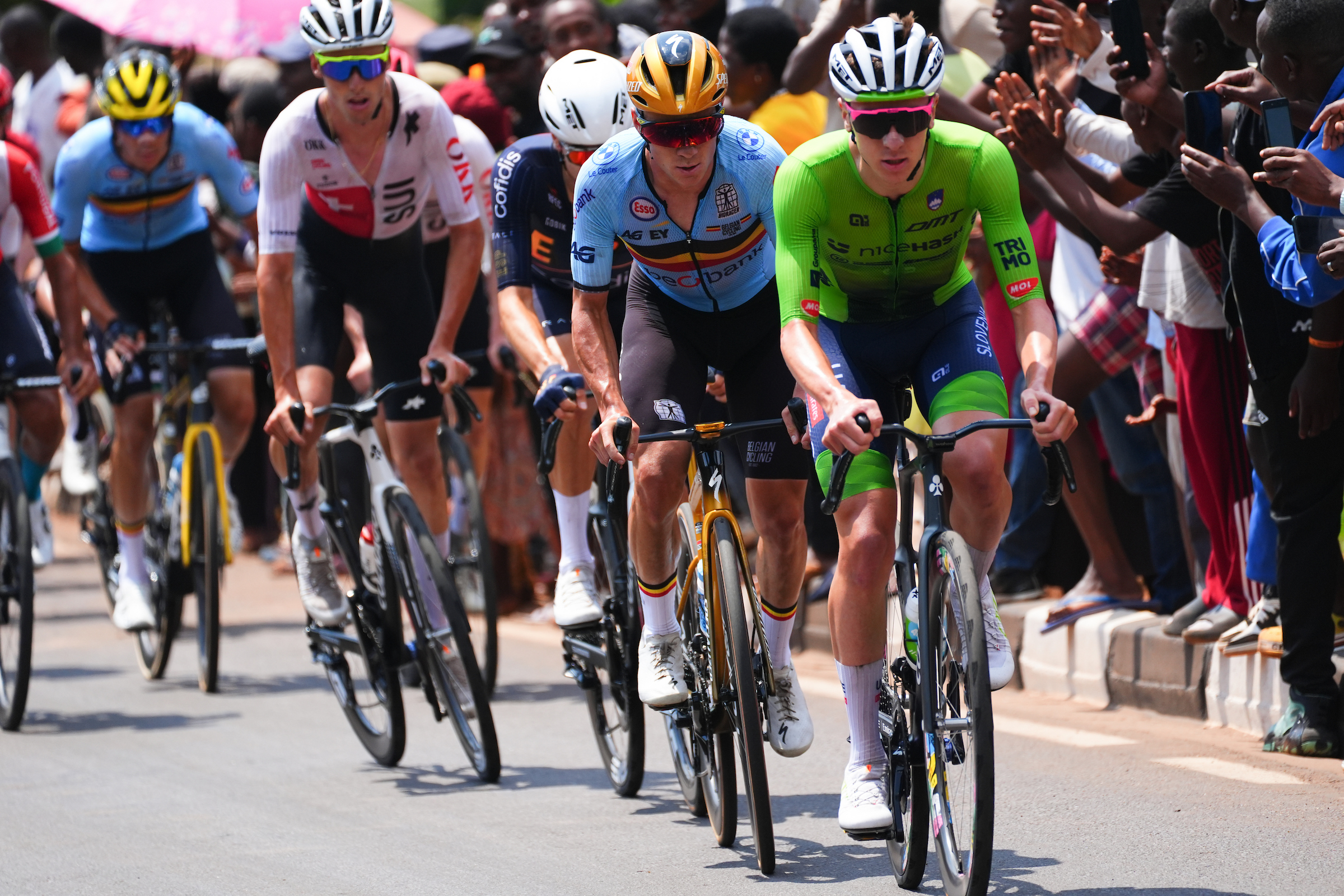 28/09/2025 - Cycling - 2025 UCI Road World Championships - Kigali Convention Centre, Kigali, Rwanda - Men Elite Road Race - Tadej Pogacar (Slovenia), Remco Evenepoel (Belgium)
