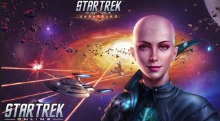 illustration of a person in front of a large galaxy with a various ships flying in front. a swarm of asteroids flies across the image as well. the words "star trek online unravelled" are on the top of the image and the words "star trek online" on the left