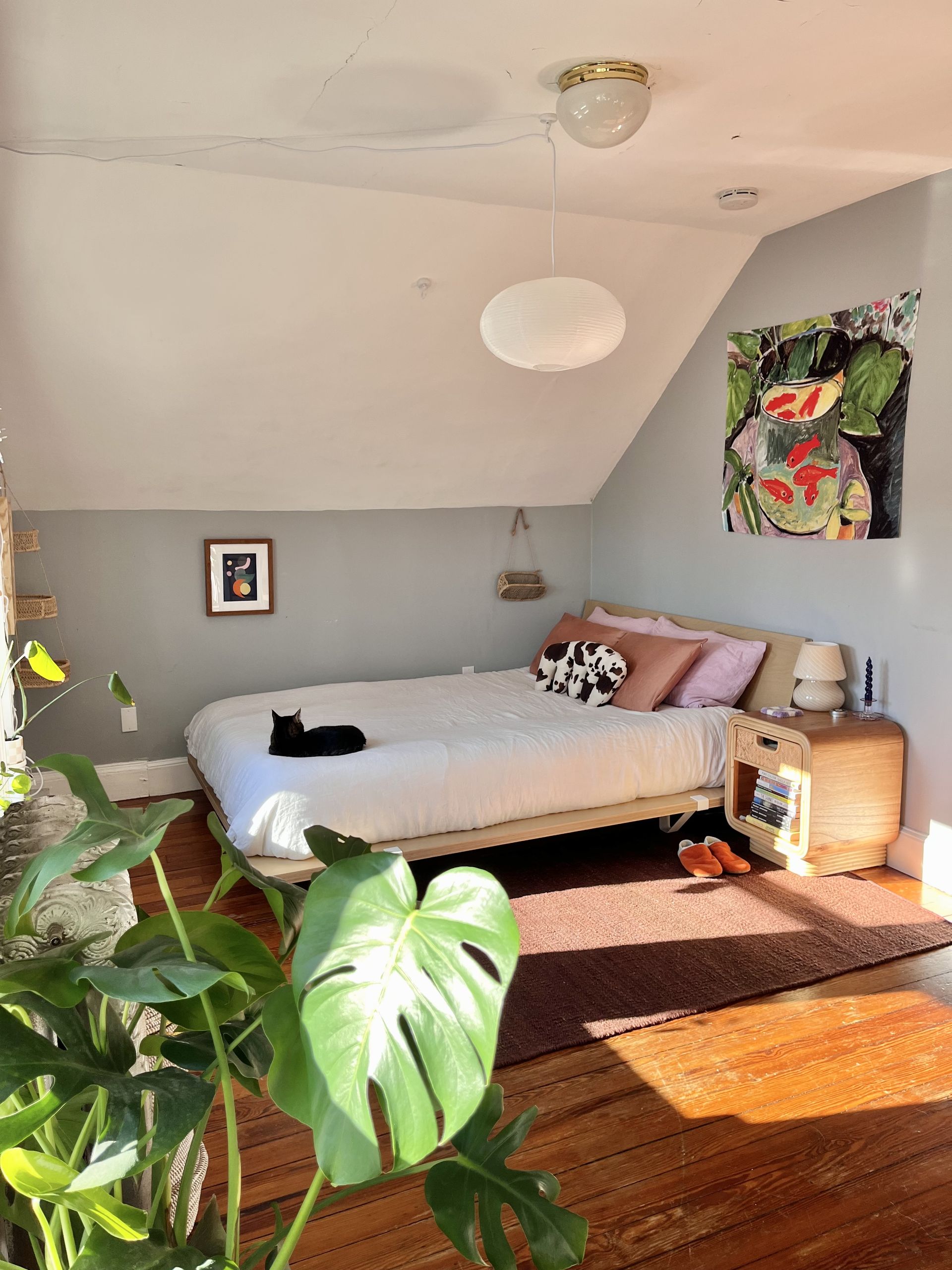 Kamar tidur dengan tempat tidur dan kucing di atasnya