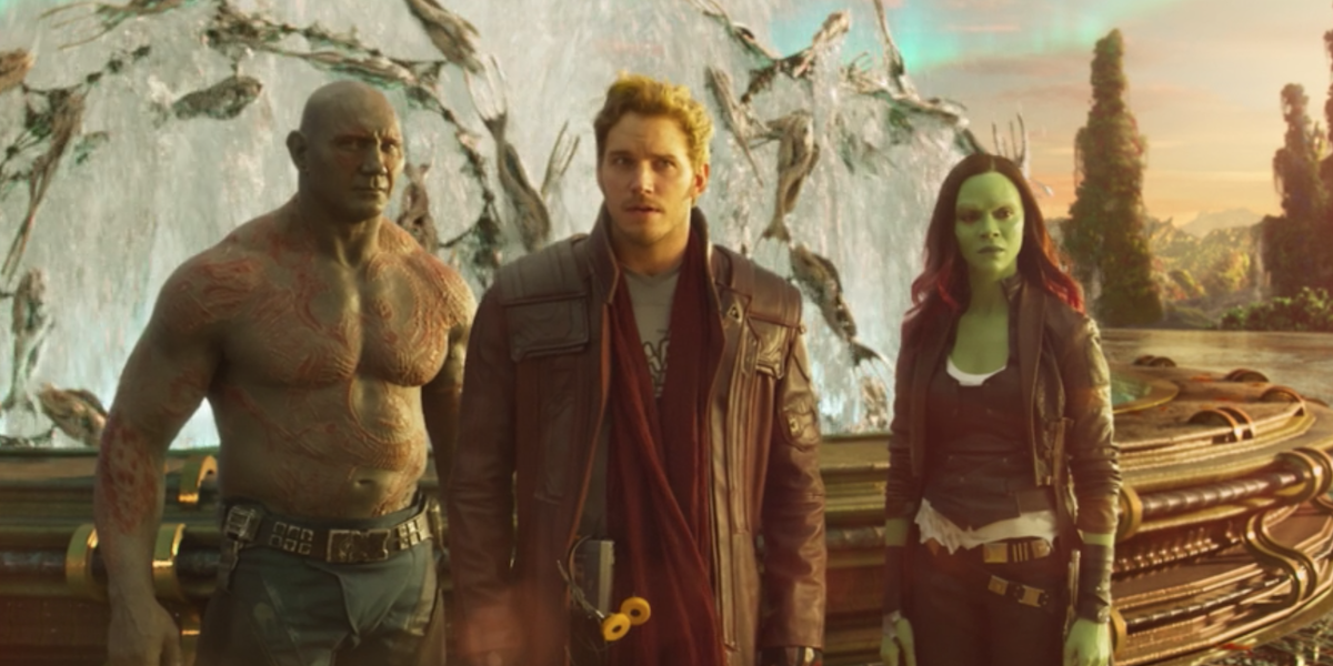 Drax, Peter, and Gamora in Guardians 2