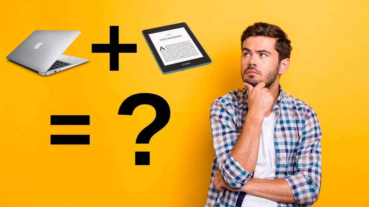 A thinking man next to an equation adding the Apple MacBook and Amazon Kindle to equal a &#039;?&#039;.