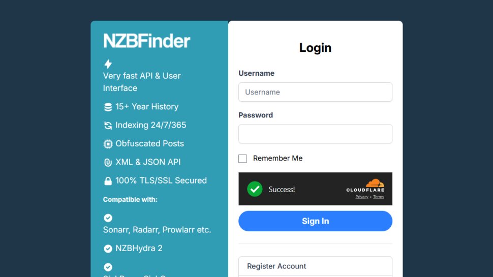 NZBFinder website screenshot (August 2025).