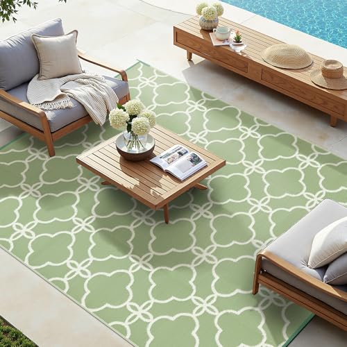 Ashler Outdoor Rug, Outdoor Plastic Straw Rug, 5x8 Reversible Sage Green Patio Mat, Flower Modern Design for Rv, Backyard, Deck, Camping, Picnic, Spring, Summer, Durable &amp;amp; Weather-Resistant Area Rug