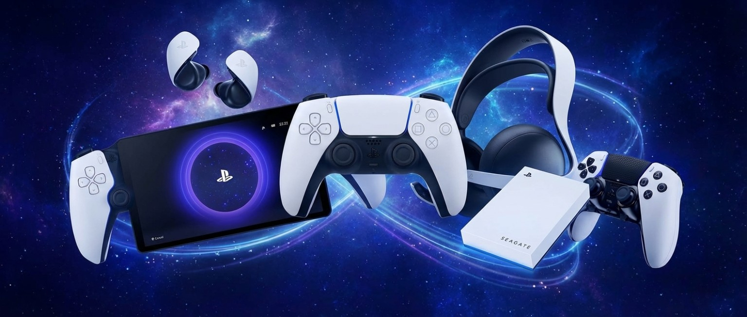 A collage of PS5 accessories on a space themed background