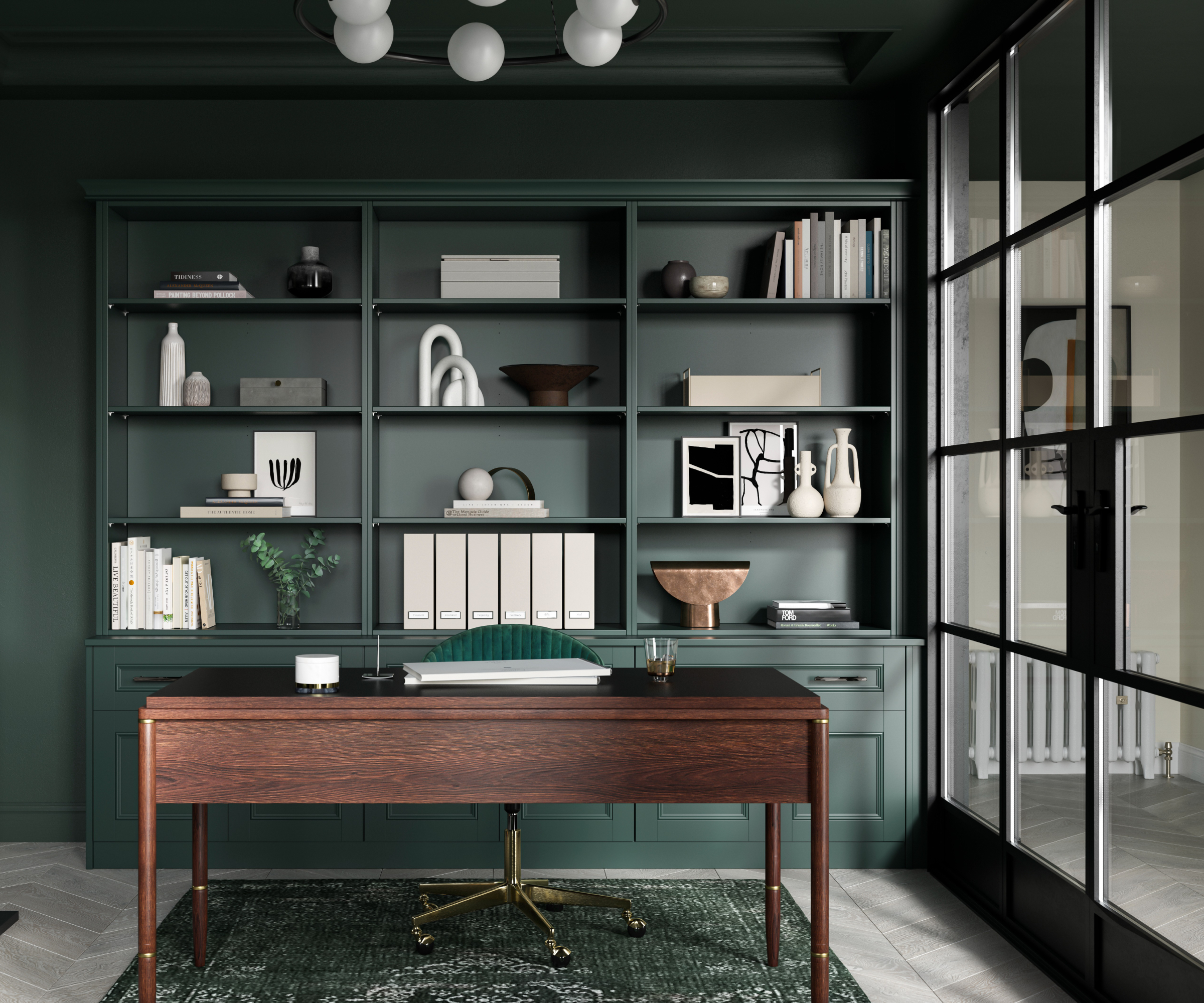 home office with black crittal glass doors and white multi shaded pendant light above desk