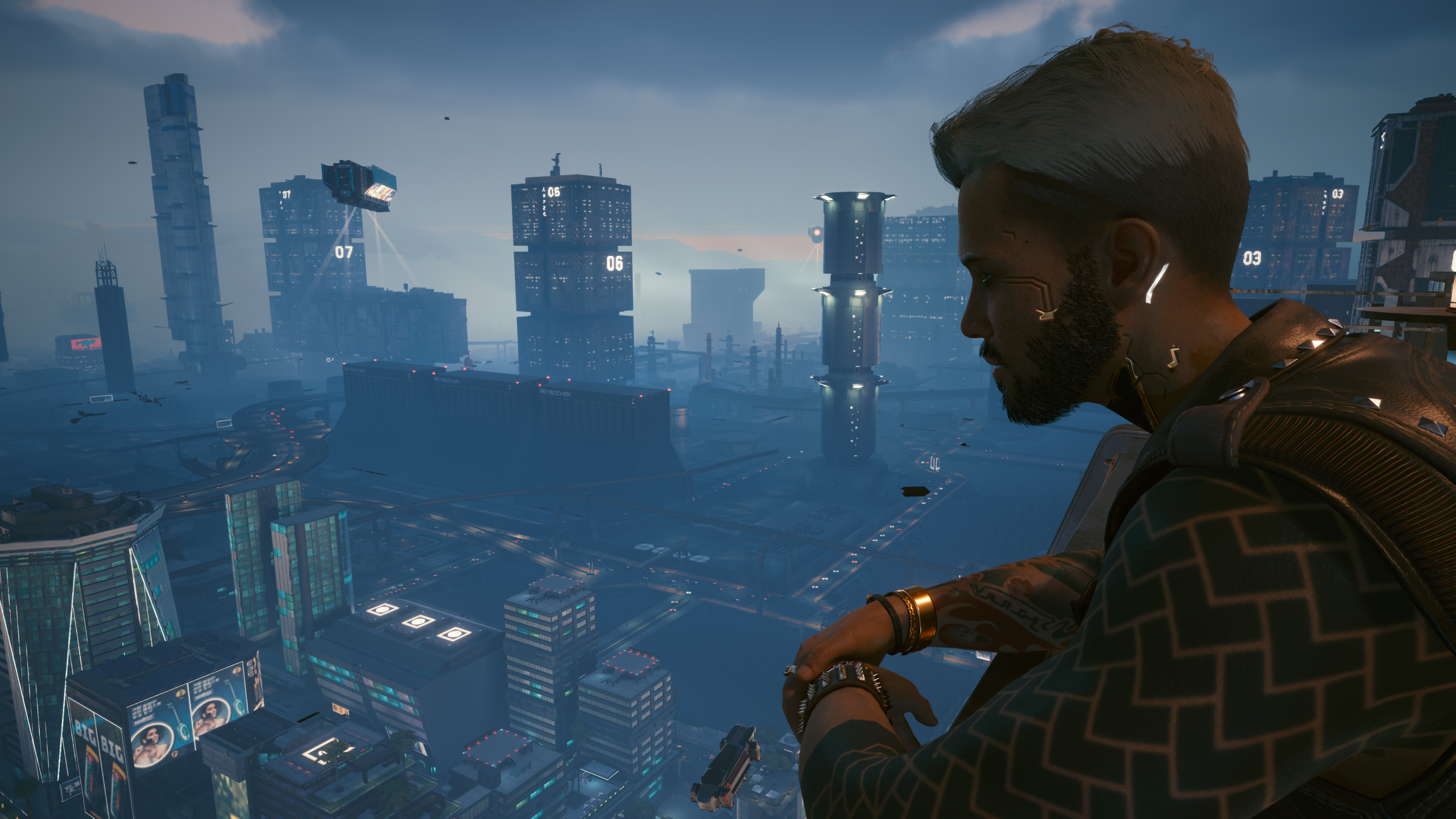 Cyberpunk character looking over city
