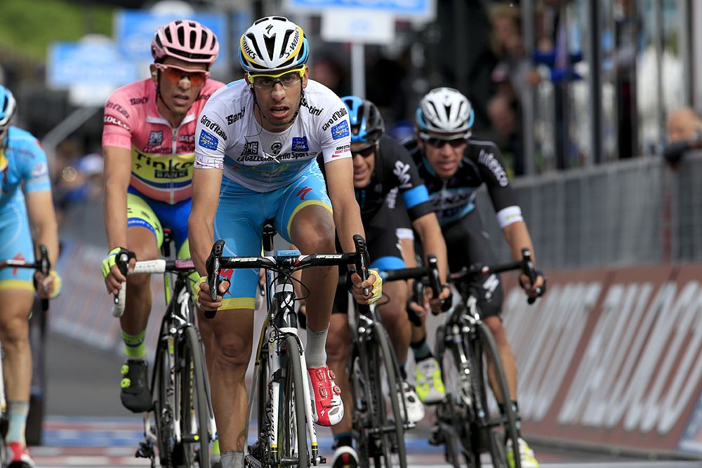 Fabio Aru (Astana) leads the GC contenders over the stage 8 finish line in fourth