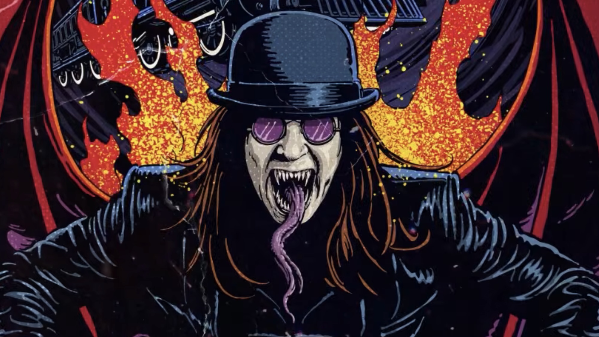 Artwork of Ozzy Osbourne sticking out forked tongue for Halloween Horror Nights 2026