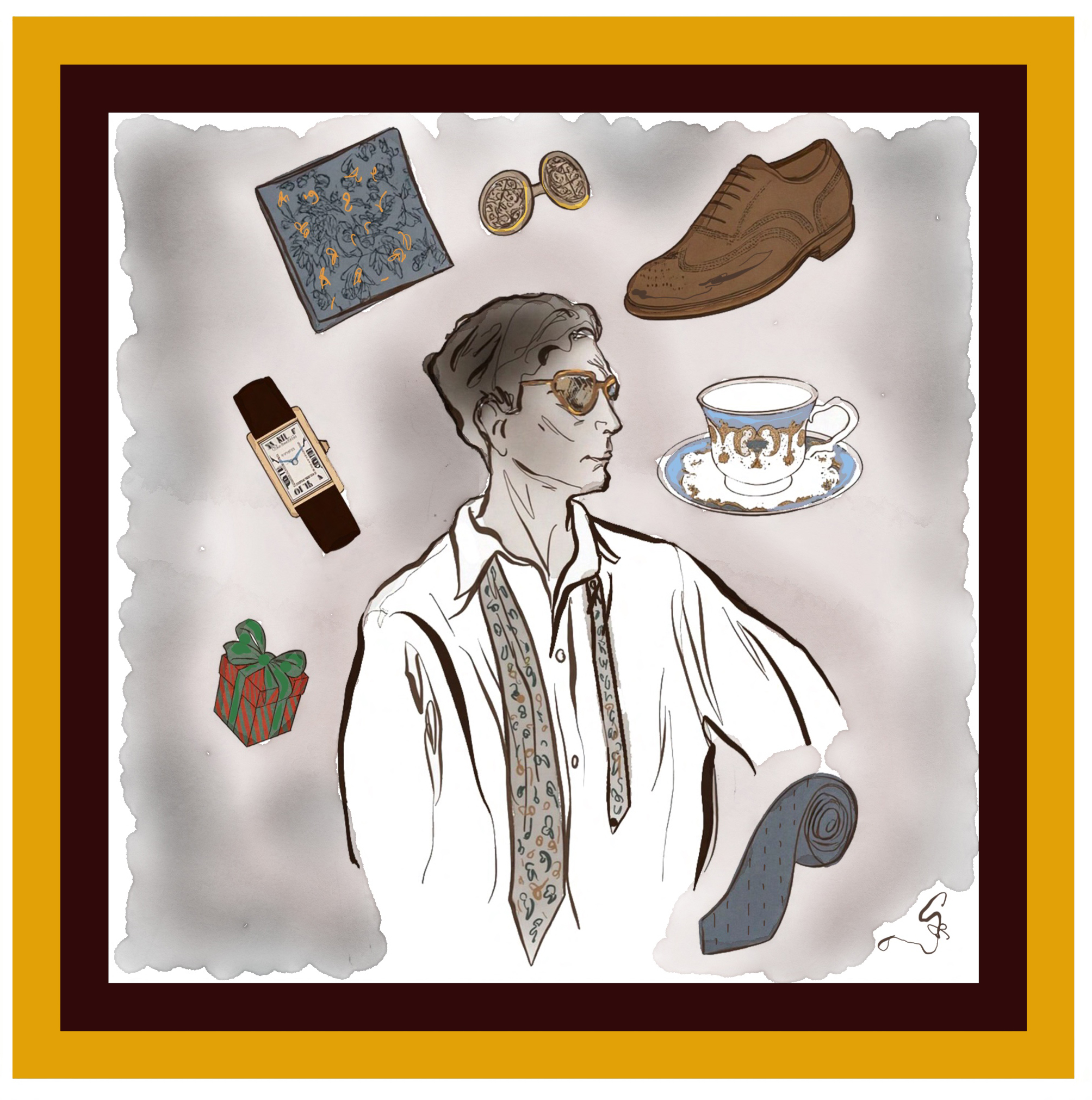 Illustration of a man surrounded by bespoke items