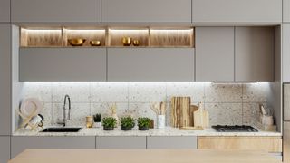 modern kitchen with soft grey cabinets and various items on countertop