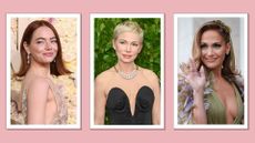 Emma Stone is pictured with copper hair alongside Michelle Williams, who has a platinum blonde pixie cut and finally, Jennifer Lopez with warm highlights running through her brunette to illustrate both the trending hair colours and outdated hair colour trends of 2024/ in a pink template