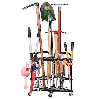 Plkow Garden Tool Organizer With Wheels and Storage Hooks, Rolling Corner Tool Storage Rack for Garden, Shed, Garage, Powder Coated Steel, Black