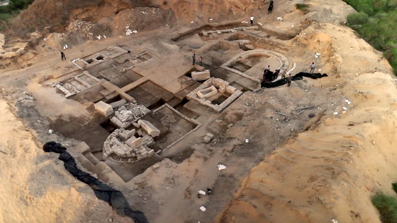 An aerial view of an excavation site