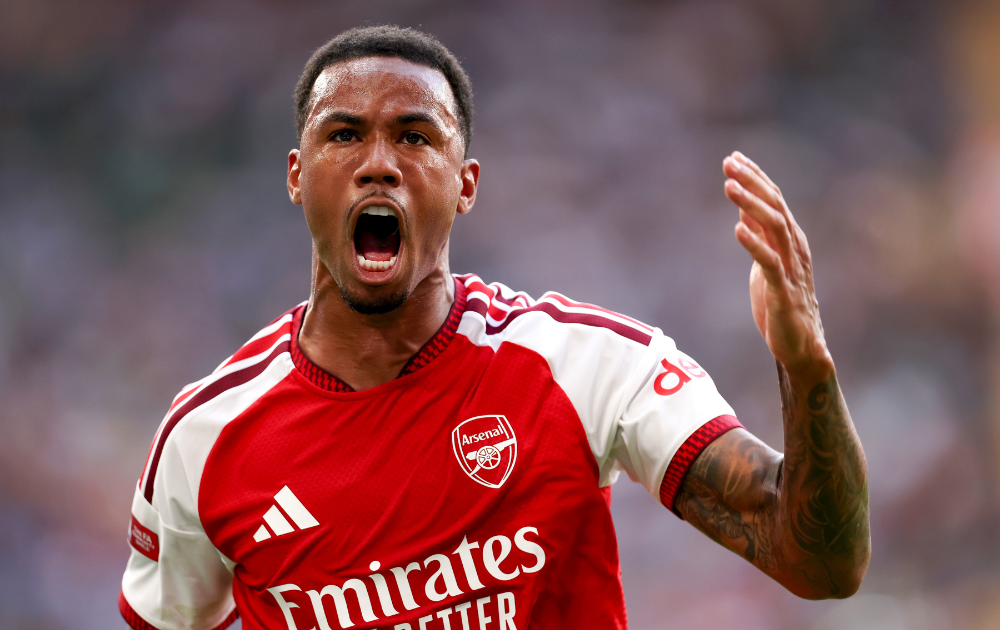 Gabriel Magalhaes of Arsenal reacts during the 2026 FA Community Shield match between Arsenal and Manchester City at Principality Stadium on August 16, 2026 in Cardiff, Wales.