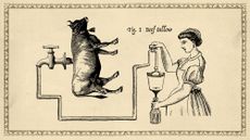 Illustrative collage of a cow with a tap in its back, the pipes leading to a container being filled with tallow by a milkmaid