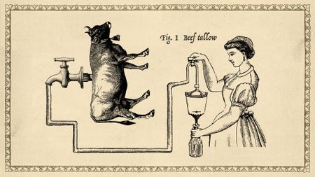 Illustrative collage of a cow with a tap in its back, the pipes leading to a container being filled with tallow by a milkmaid