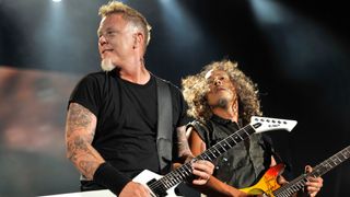 James Hetfield and Kirk Hammett of Metallica performs at Yankee Stadium on September 14, 2011 in New York City