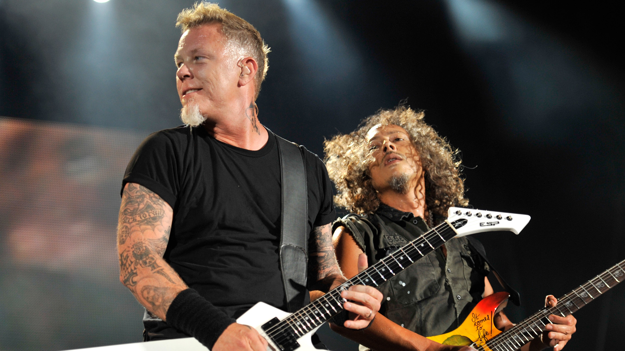 James Hetfield and Kirk Hammett of Metallica performs at Yankee Stadium on September 14, 2011 in New York City