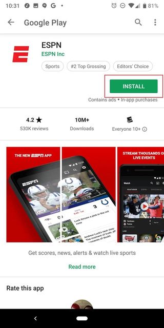 ESPN app Android Play Store Install Page