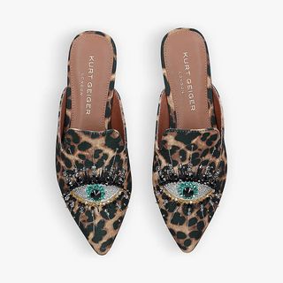 Kurt Geiger London Olive Leopard Print Eye Embellished Textile Mules