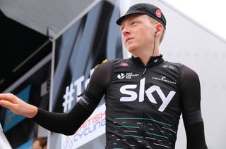 Tao Geoghegan Hart (Team Sky) with a black armband in memory of former teammate Chad Young