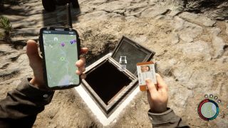 Sons of the Forest Locations - игрок удерживает карту обслуживания возле люка в грязи