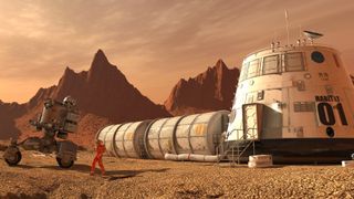 3D Illustration. Mars colony. Expedition on alien planet. Life on Mars.