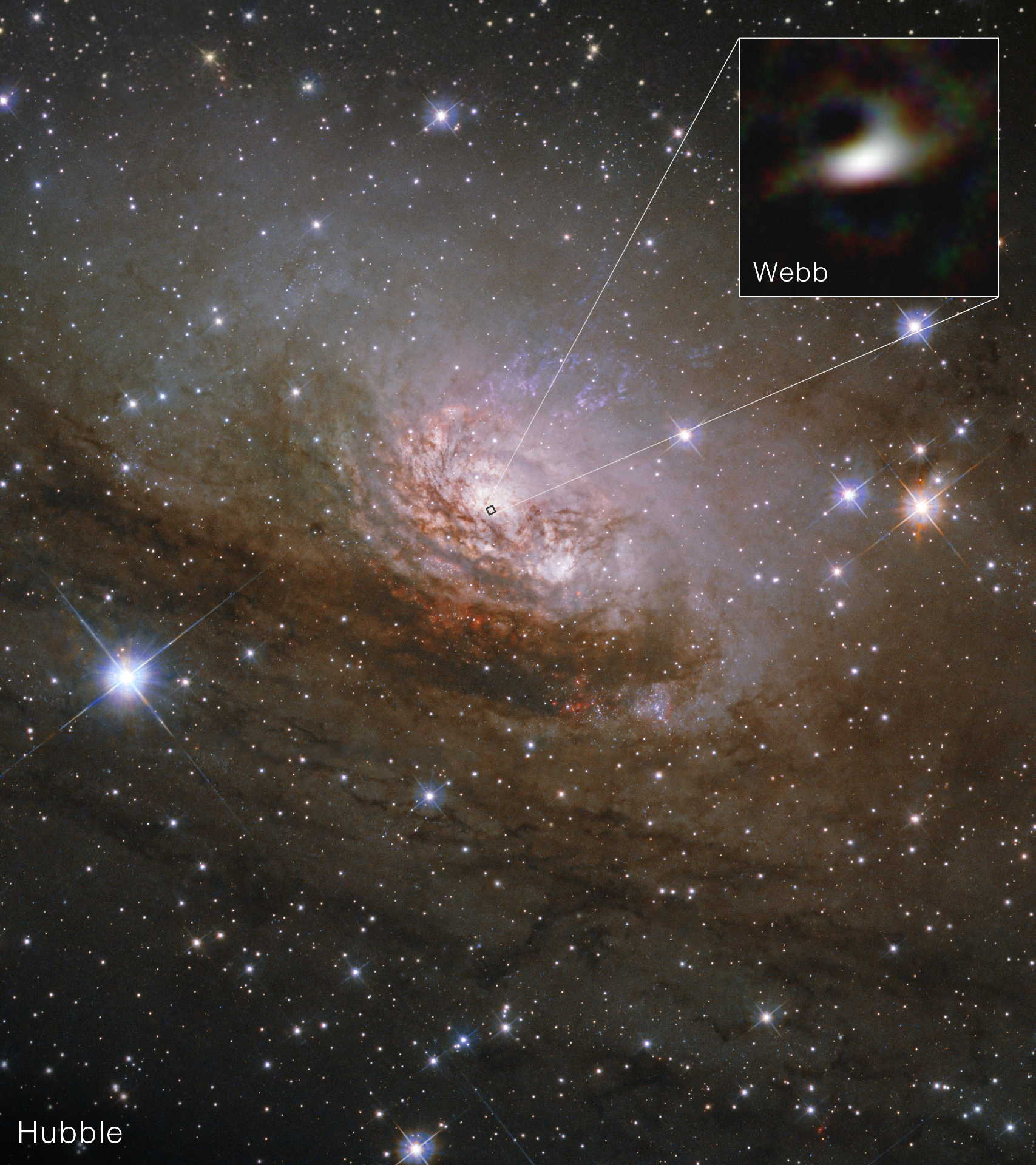 A deep space image showing a glowing spiral galaxy with a boxout showing a pixelated swirl of light