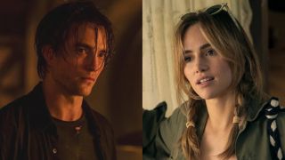 Robert Pattinson looking sad in The Batman and Suki Waterhouse looking attentive in Daisy Jones and the Six